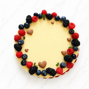 Torta ai frutti di bosco con decorazione circolare di more, lamponi e mirtilli, arricchita da piccoli cuori di cioccolato.